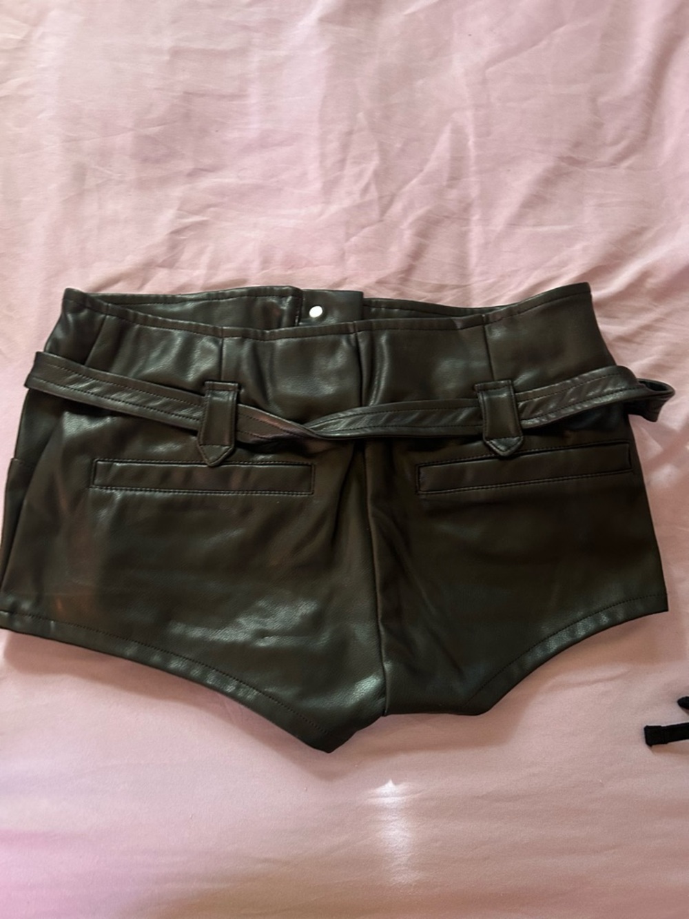 Black Faux Leather Belted Shorts - Picture 2 of 3